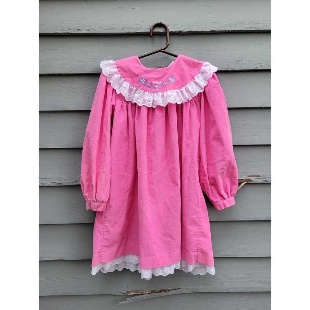 Vintage 90s OshKosh B'gosh Corduroy Dress Pink Eyelet Lace Floral Embroidery 6